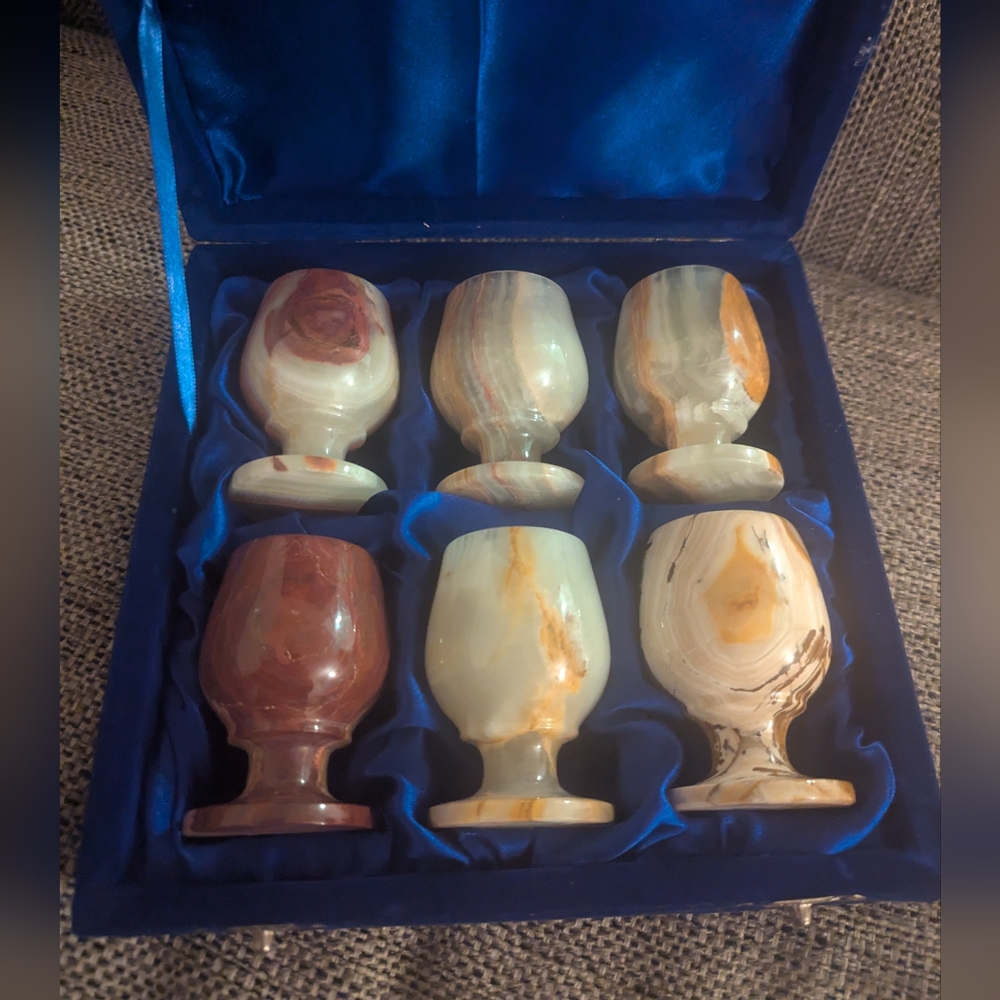 vintage set of 6 handcrafted marble onyx cordial goblets